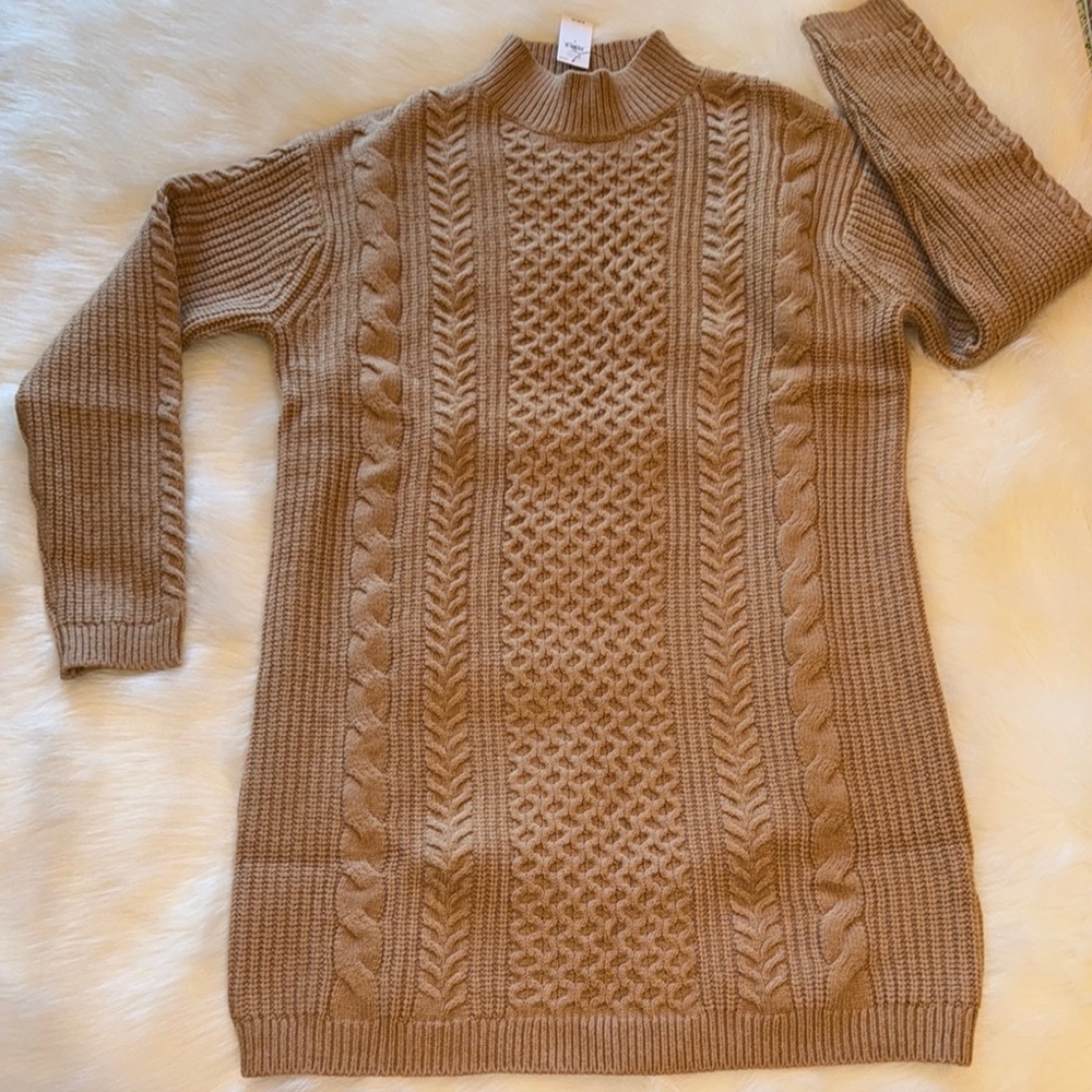 Cable Knit Sweater Dress - Camel